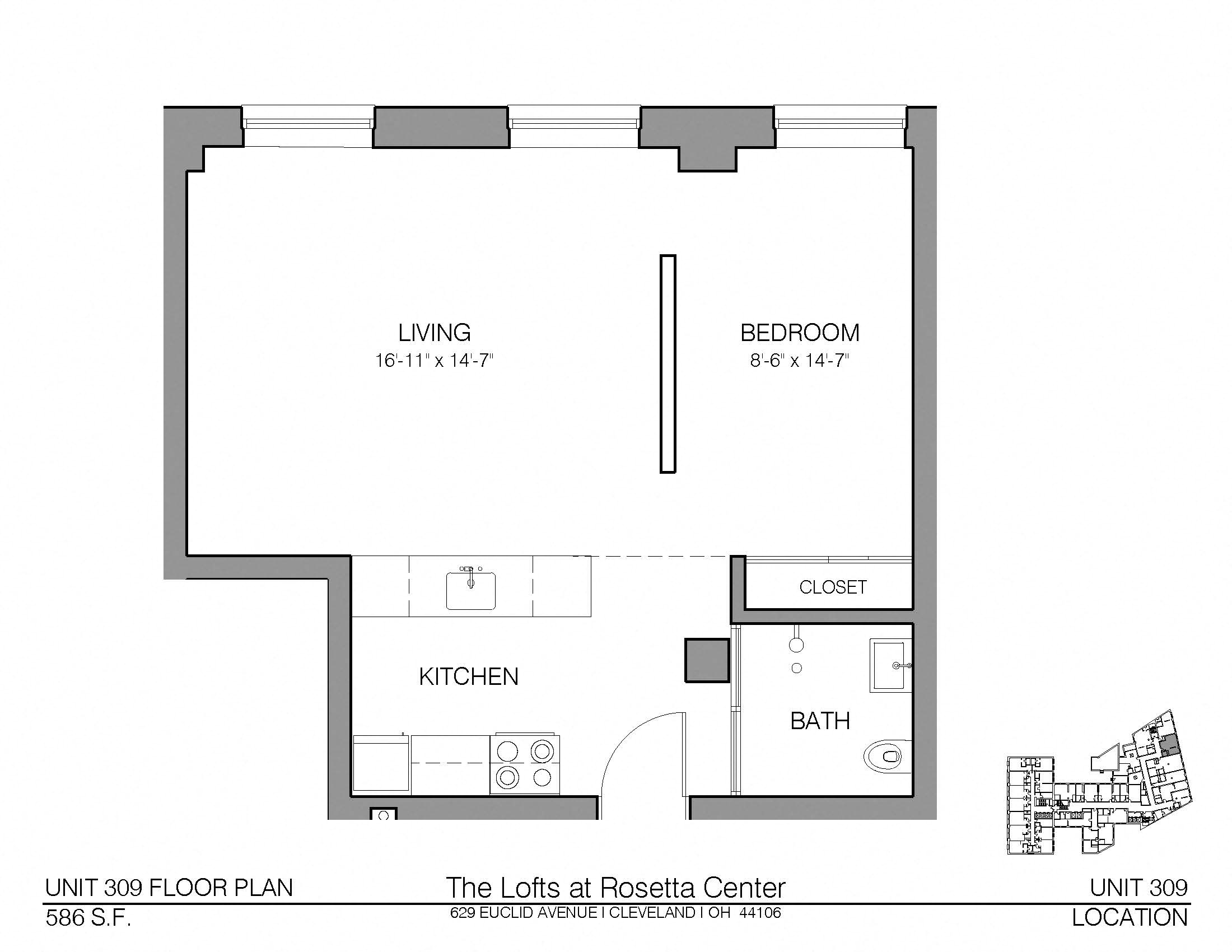 Floor plan for studio, 1 bath, 586 sqft